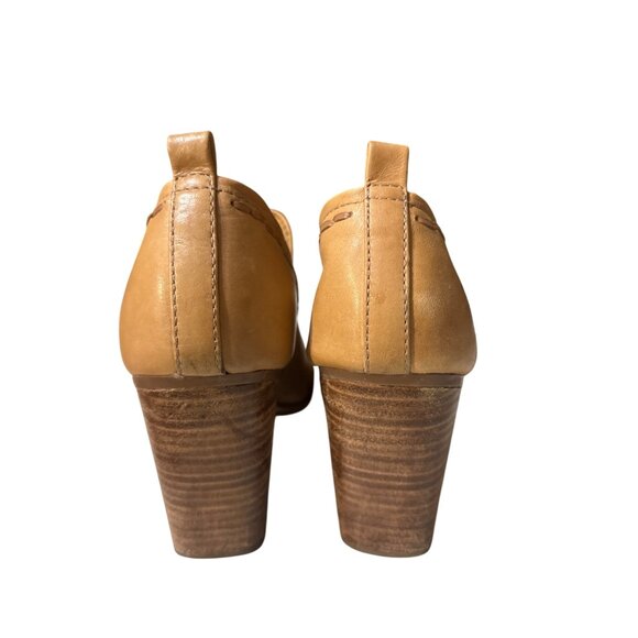 Lucca Lane Tan Leather Peep-Toe Block Heel Sandals With Stitch Detail & Back Pul - Picture 6 of 8